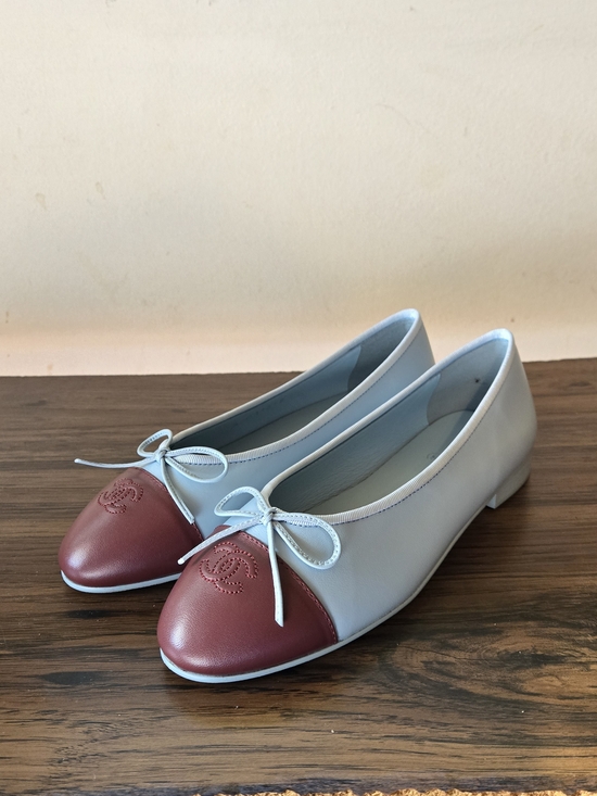 CHANEL Shoes - Chanel Two-Tone Leather Ballet Flats in Light Blue and Burgundy